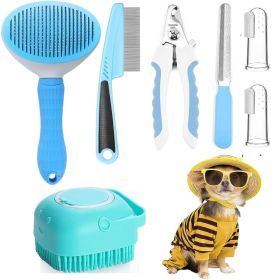 7pcs Pet Grooming Kit, Self-Cleaning Brush Shedding Kit With Nail Clipper, Flea Comb, Shampoo Bath Brush, Finger Toothbrush (Option: Blue)